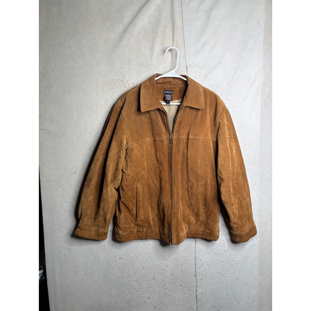 VTG George Mens Genuine Leather Suede Jacket Camel Faux Shearling Lined SZ S